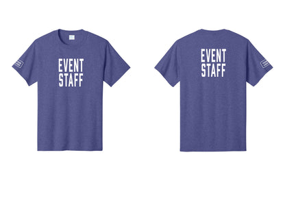 NYC Factory Custom Logo Event Staff T-Shirt, Condensed Lettering - Front + Back + Your Logo Sleeve - Heather Purple