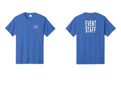 NYC Factory Custom Logo Event Staff T-Shirt, Condensed Lettering - Your Logo + Back - Heather Royal