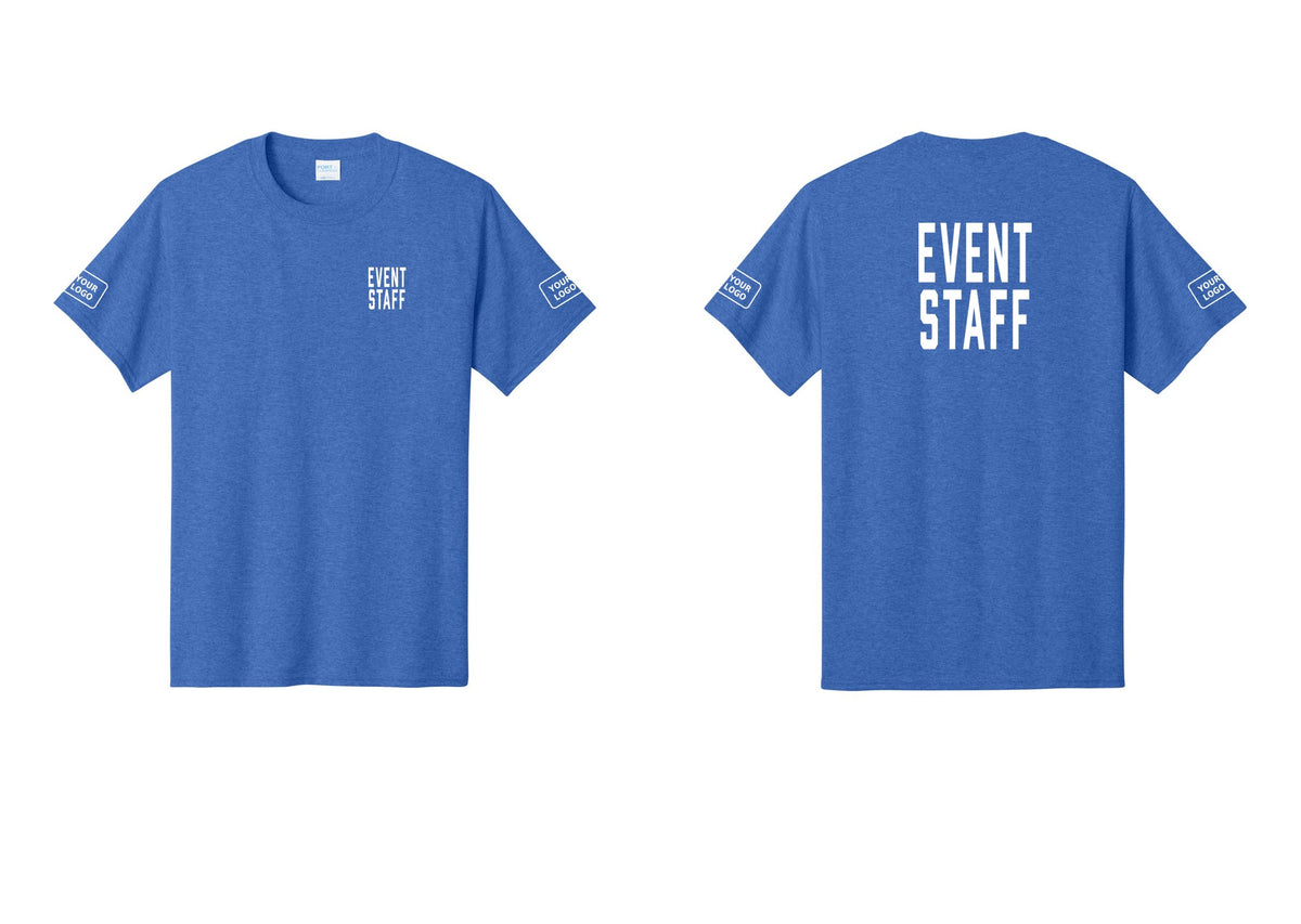 NYC Factory Custom Logo Event Staff T-Shirt, Condensed Lettering - Chest + Back + Your Logo Sleeves - Heather Royal