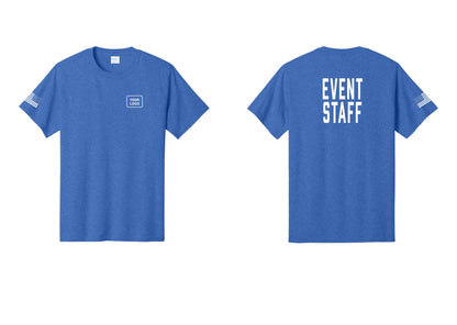 NYC Factory Custom Logo Event Staff T-Shirt, Condensed Lettering - Your Logo + Back + US Flag Sleeve - Heather Royal