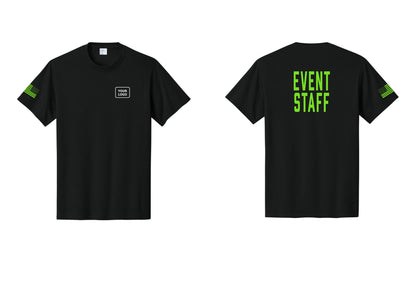 NYC Factory Custom Logo Event Staff T-Shirt, Condensed Lettering - Your Logo + Back + US Flag Sleeve - Black / Neon