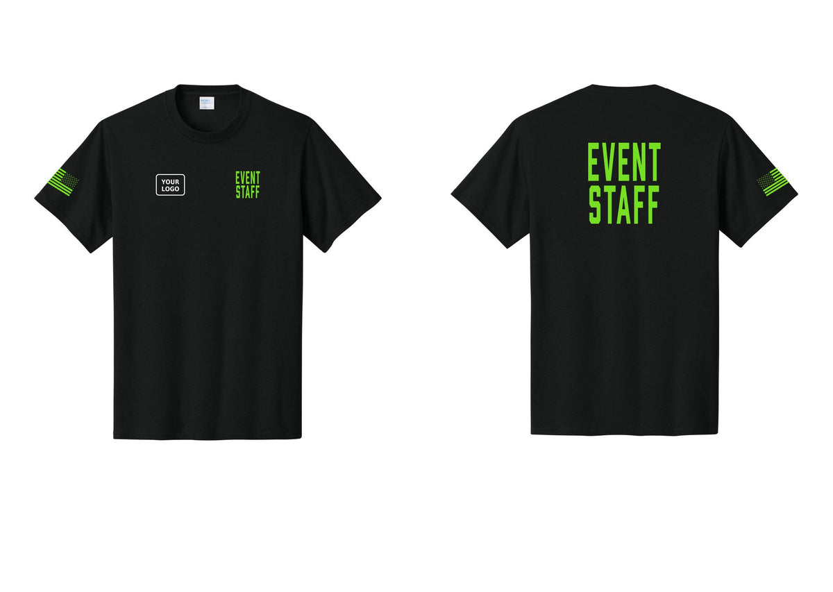 NYC Factory Custom Logo Event Staff T-Shirt, Condensed Lettering - EVENT STAFF + Your Logo + Back + US Flag Sleeve - Black / Neon