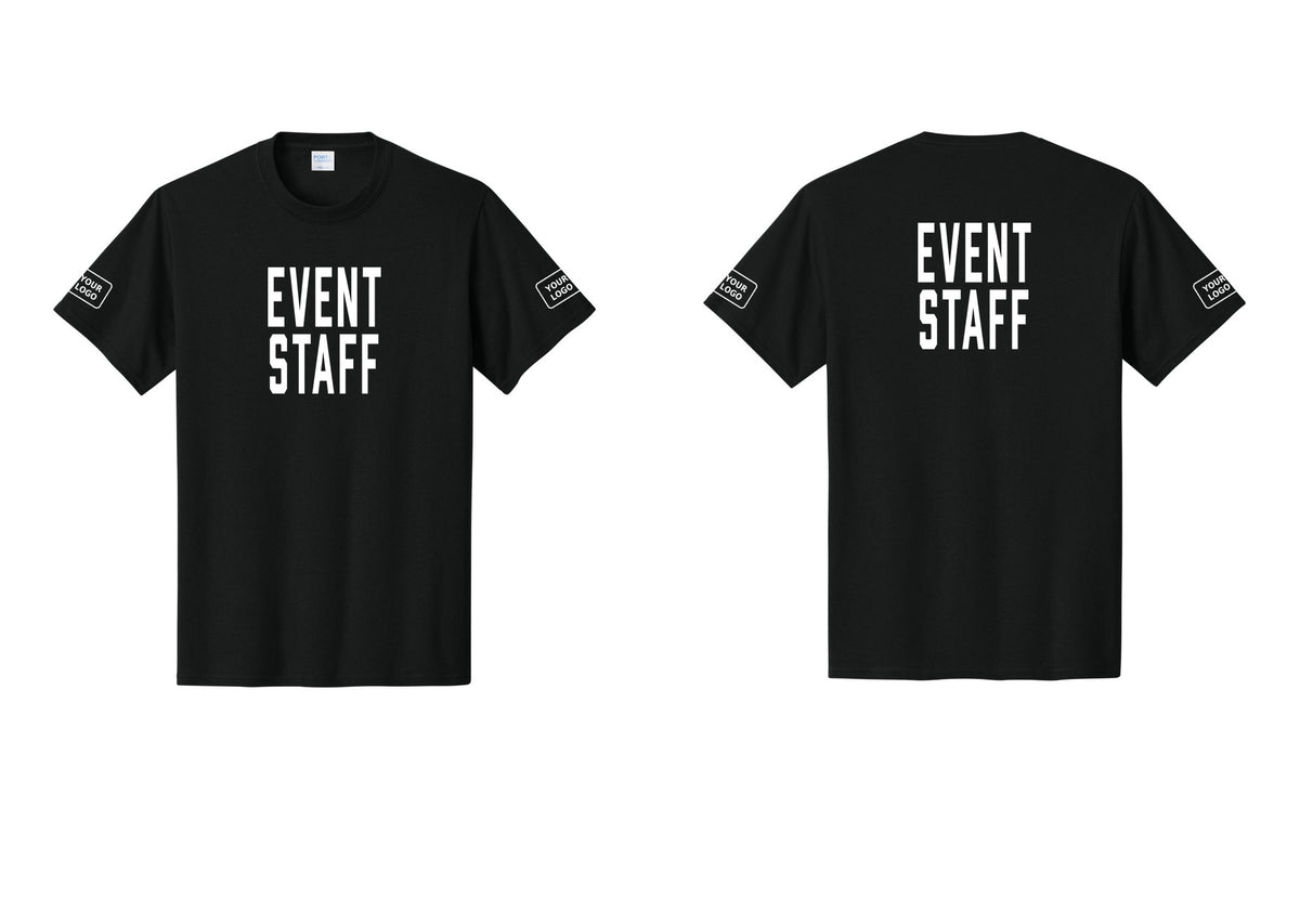NYC Factory Custom Logo Event Staff T-Shirt, Condensed Lettering - Front + Back + Your Logo Sleeves - Black