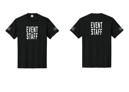 NYC Factory Custom Logo Event Staff T-Shirt, Condensed Lettering - Front + Back + Your Logo Sleeves - Black
