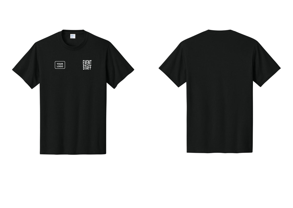 NYC Factory Custom Logo Event Staff T-Shirt, Condensed Lettering - EVENT STAFF + Your Logo - Black