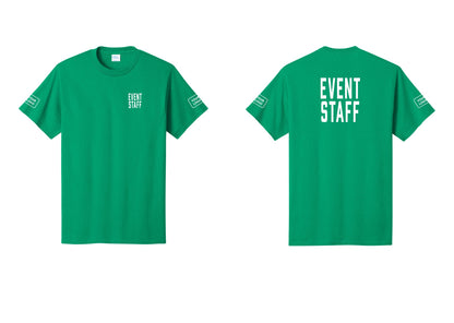 NYC Factory Custom Logo Event Staff T-Shirt, Condensed Lettering - Chest + Back + Your Logo Sleeves - Kelly