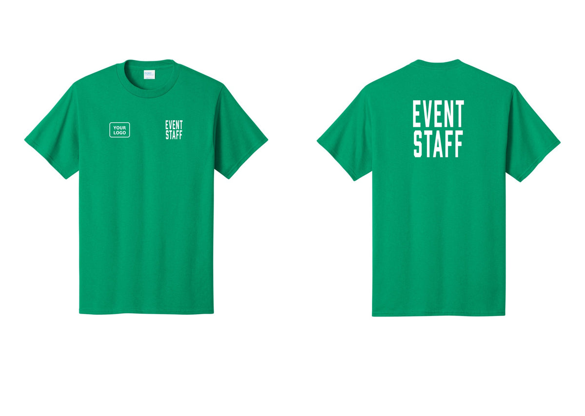 NYC Factory Custom Logo Event Staff T-Shirt, Condensed Lettering - EVENT STAFF + Your Logo + Back - Kelly