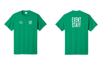 NYC Factory Custom Logo Event Staff T-Shirt, Condensed Lettering - EVENT STAFF + Your Logo + Back - Kelly
