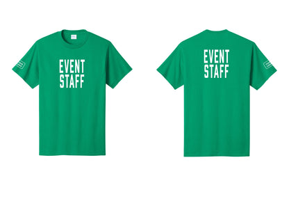 NYC Factory Custom Logo Event Staff T-Shirt, Condensed Lettering - Front + Back + Your Logo Sleeve - Kelly