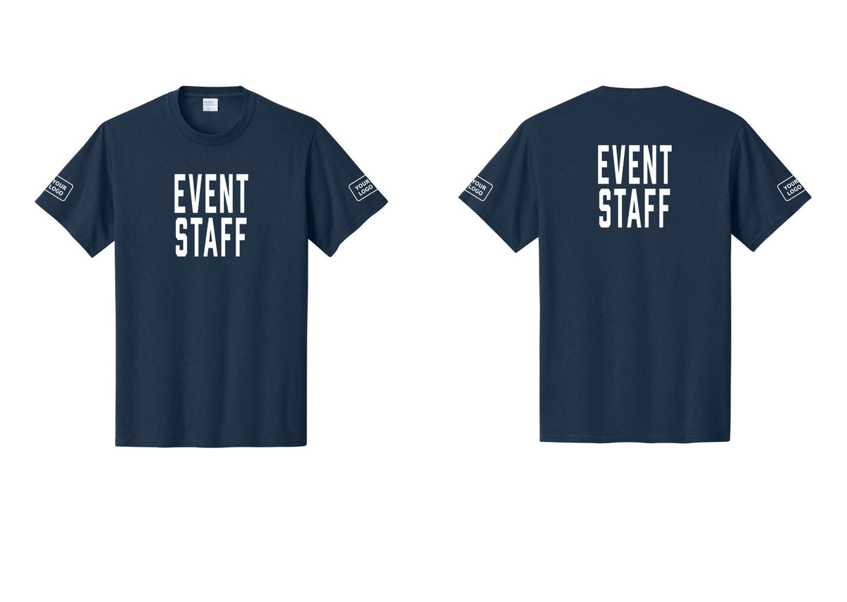 NYC Factory Custom Logo Event Staff T-Shirt, Condensed Lettering - Front + Back + Your Logo Sleeves - Navy