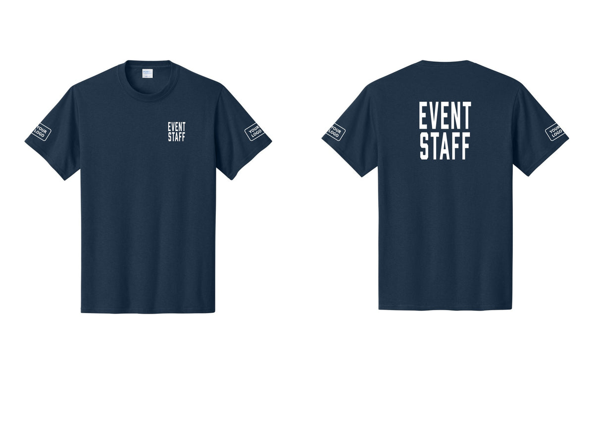 NYC Factory Custom Logo Event Staff T-Shirt, Condensed Lettering - Chest + Back + Your Logo Sleeves - Navy