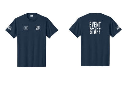 NYC Factory Custom Logo Event Staff T-Shirt, Condensed Lettering - EVENT STAFF + Your Logo + Back + US Flag Sleeve - Navy