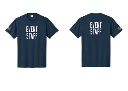NYC Factory Custom Logo Event Staff T-Shirt, Condensed Lettering - Front + Back + Your Logo Sleeve - Navy