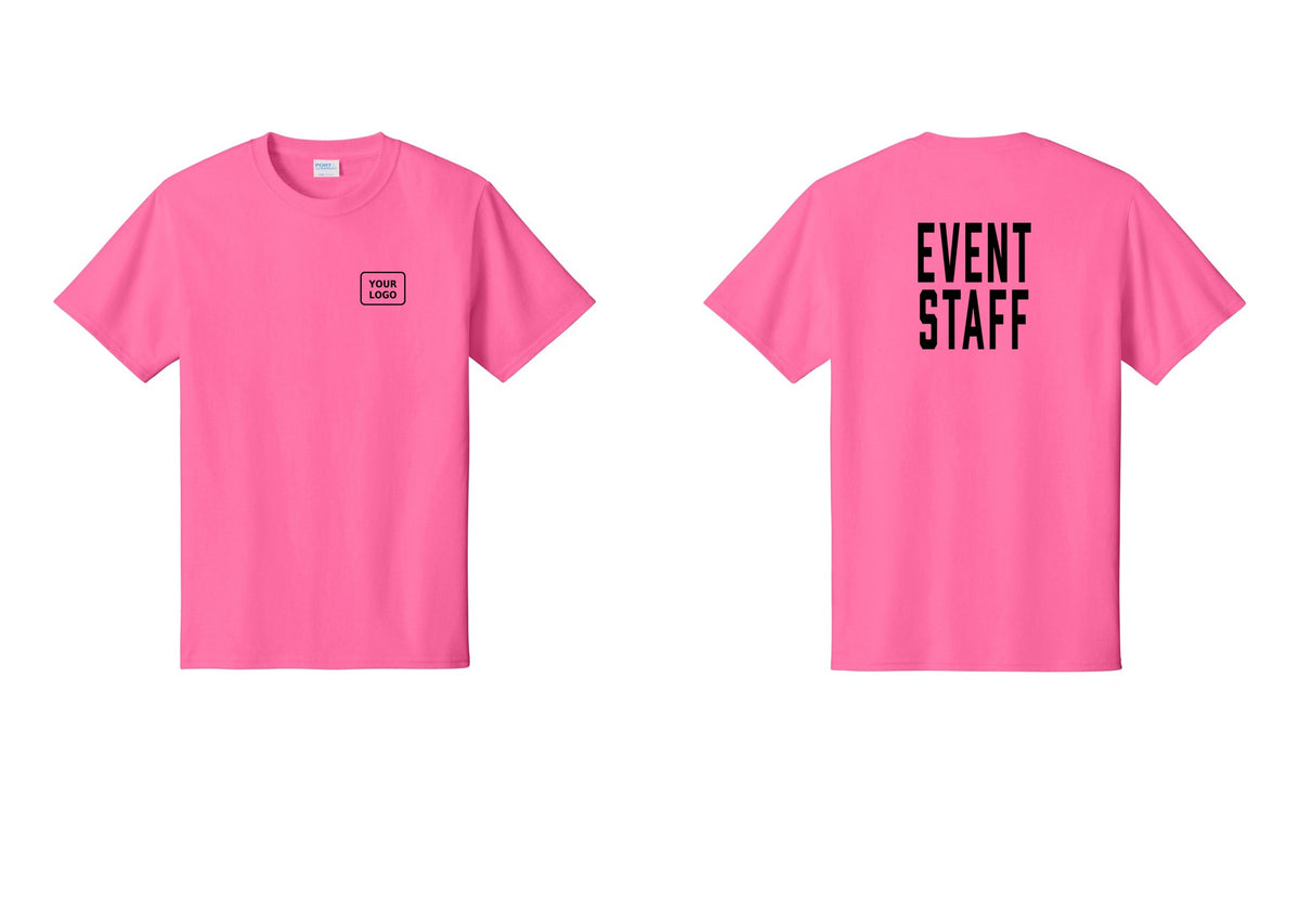 NYC Factory Custom Logo Event Staff T-Shirt, Condensed Lettering - Your Logo + Back - Neon Pink
