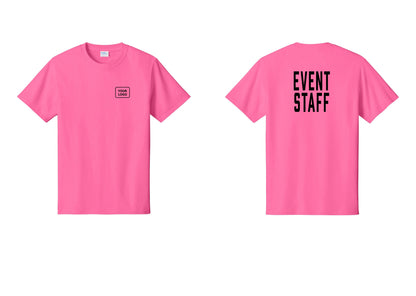 NYC Factory Custom Logo Event Staff T-Shirt, Condensed Lettering - Your Logo + Back - Neon Pink