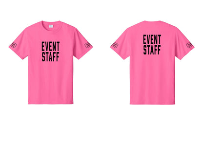 NYC Factory Custom Logo Event Staff T-Shirt, Condensed Lettering - Front + Back + Your Logo Sleeves - Neon Pink
