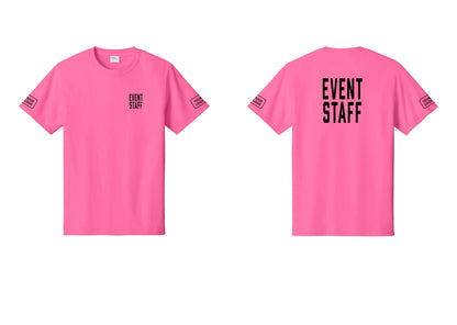 NYC Factory Custom Logo Event Staff T-Shirt, Condensed Lettering - Chest + Back + Your Logo Sleeves - Neon Pink
