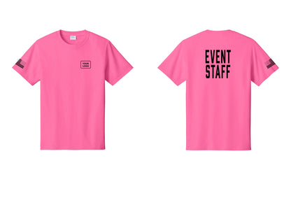 NYC Factory Custom Logo Event Staff T-Shirt, Condensed Lettering - Your Logo + Back + US Flag Sleeve - Neon Pink