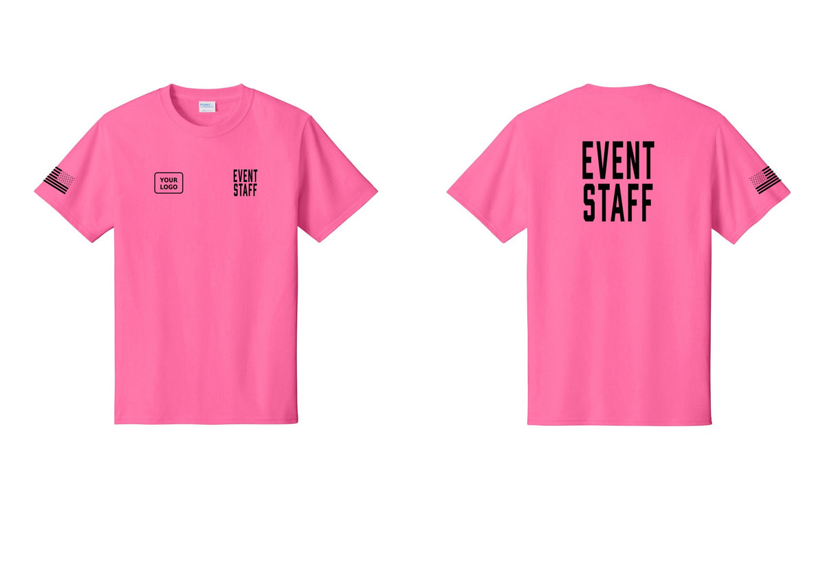 NYC Factory Custom Logo Event Staff T-Shirt, Condensed Lettering - EVENT STAFF + Your Logo + Back + US Flag Sleeve - Neon Pink