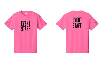 NYC Factory Custom Logo Event Staff T-Shirt, Condensed Lettering - Front + Back + Your Logo Sleeve - Neon Pink