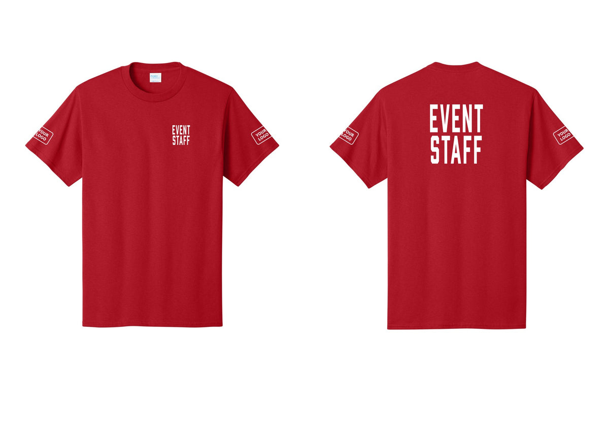 NYC Factory Custom Logo Event Staff T-Shirt, Condensed Lettering - Chest + Back + Your Logo Sleeves - Red