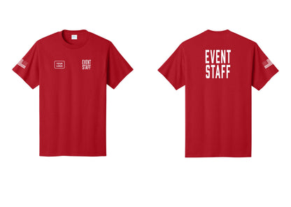 NYC Factory Custom Logo Event Staff T-Shirt, Condensed Lettering - EVENT STAFF + Your Logo + Back + US Flag Sleeve - Red