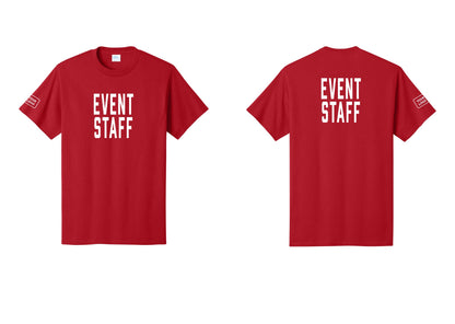 NYC Factory Custom Logo Event Staff T-Shirt, Condensed Lettering - Front + Back + Your Logo Sleeve - Red