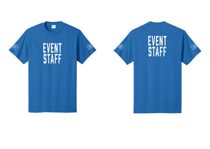 NYC Factory Custom Logo Event Staff T-Shirt, Condensed Lettering - Front + Back + Your Logo Sleeves - Royal
