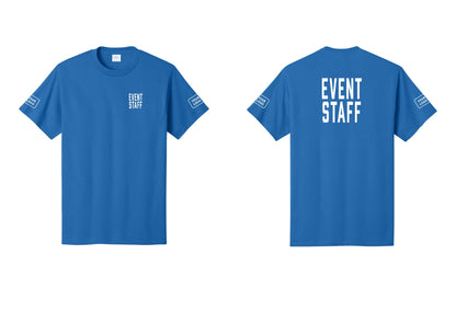 NYC Factory Custom Logo Event Staff T-Shirt, Condensed Lettering - Chest + Back + Your Logo Sleeves - Royal