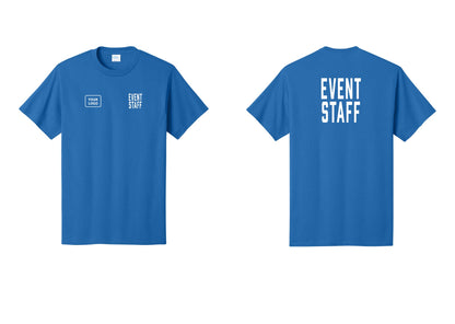 NYC Factory Custom Logo Event Staff T-Shirt, Condensed Lettering - EVENT STAFF + Your Logo + Back - Royal