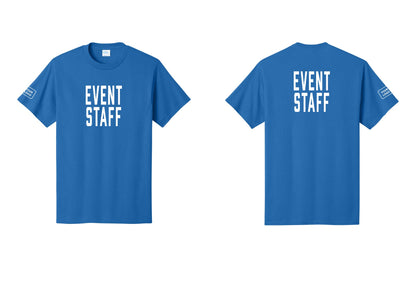 NYC Factory Custom Logo Event Staff T-Shirt, Condensed Lettering - Front + Back + Your Logo Sleeve - Royal
