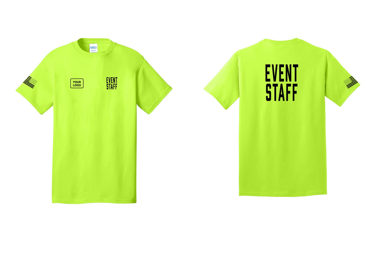 NYC Factory Custom Logo Event Staff T-Shirt, Condensed Lettering - EVENT STAFF + Your Logo + Back + US Flag Sleeve - Safety Green