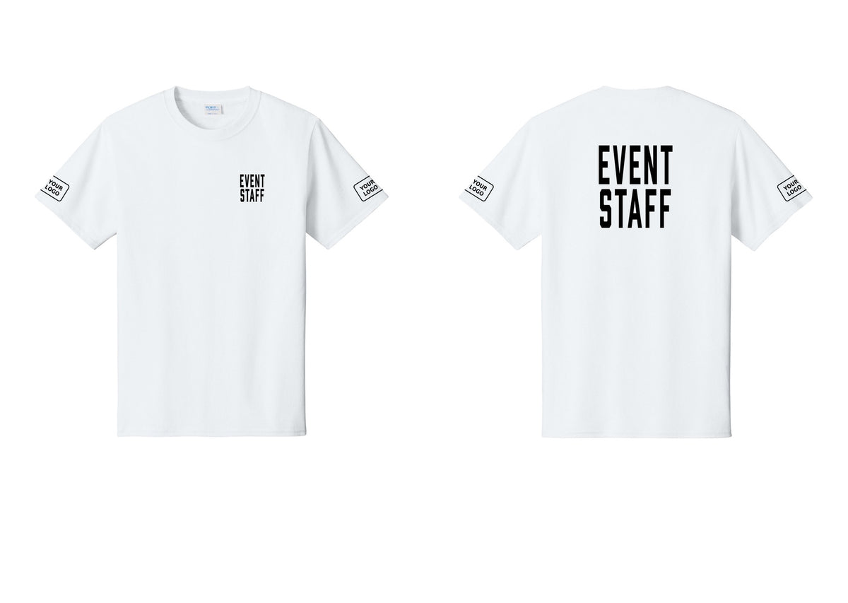 NYC Factory Custom Logo Event Staff T-Shirt, Condensed Lettering - Chest + Back + Your Logo Sleeves - White
