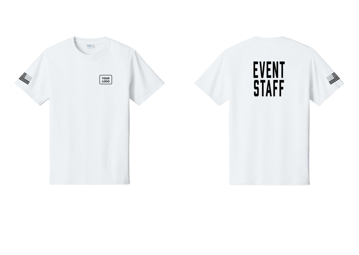 NYC Factory Custom Logo Event Staff T-Shirt, Condensed Lettering - Your Logo + Back + US Flag Sleeve - White