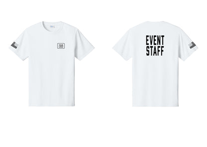 NYC Factory Custom Logo Event Staff T-Shirt, Condensed Lettering - Your Logo + Back + US Flag Sleeve - White