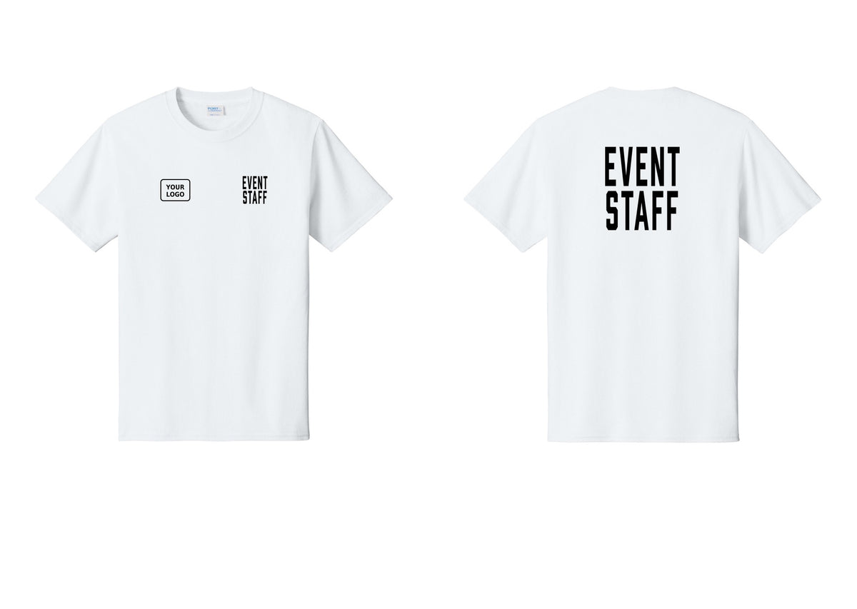 NYC Factory Custom Logo Event Staff T-Shirt, Condensed Lettering - EVENT STAFF + Your Logo + Back - White