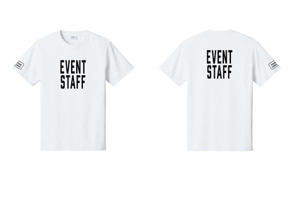 NYC Factory Custom Logo Event Staff T-Shirt, Condensed Lettering - Front + Back + Your Logo Sleeve - White
