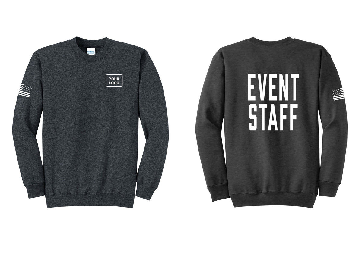 NYC Factory Custom Logo Event Staff Cotton Fleece Crewneck Sweatshirt (Classic) - Your Logo + Back + US Flag Sleeve - Dark Heather Grey