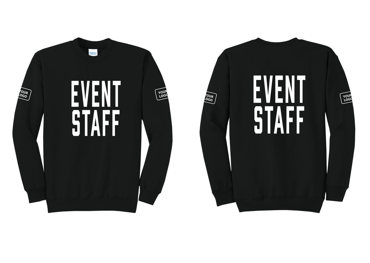 NYC Factory Custom Logo Event Staff Cotton Fleece Crewneck Sweatshirt (Classic) - Front + Back + Your Logo Sleeves - Black