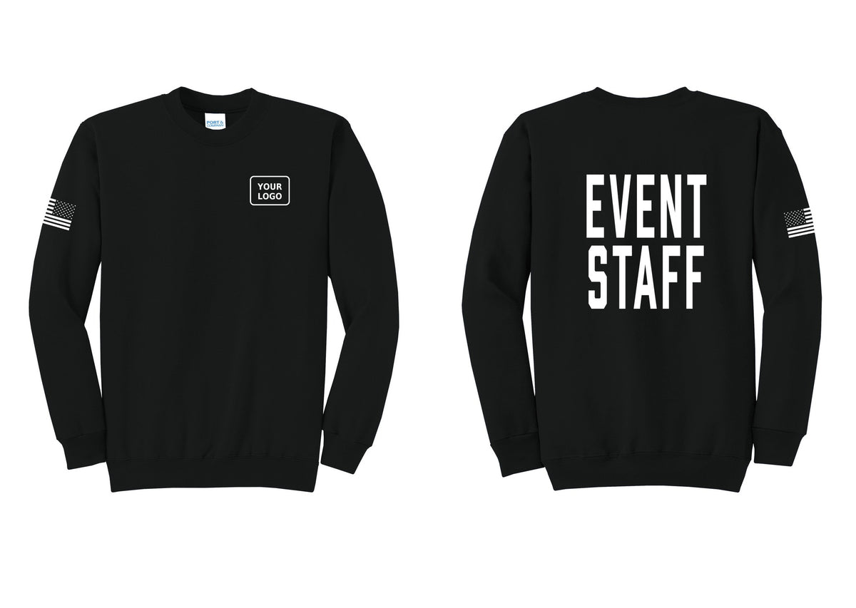 NYC Factory Custom Logo Event Staff Cotton Fleece Crewneck Sweatshirt (Classic) - Your Logo + Back + US Flag Sleeve - Black