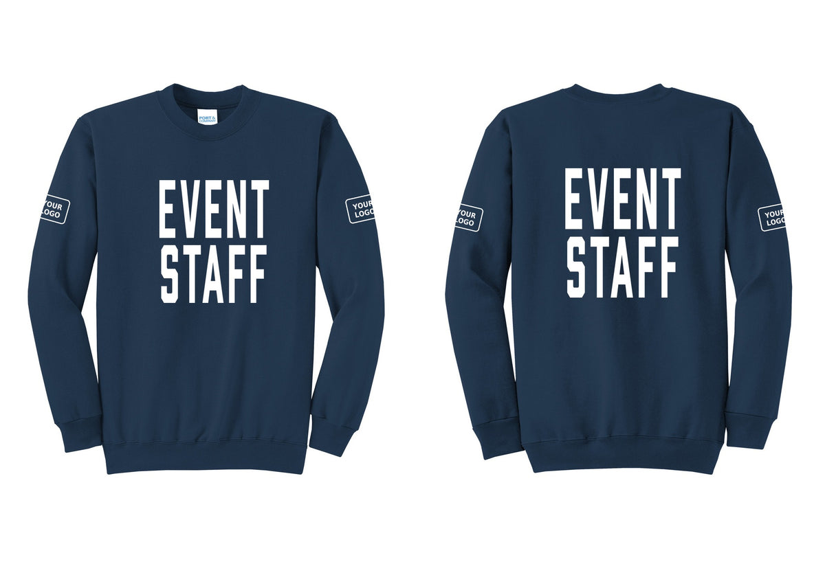 NYC Factory Custom Logo Event Staff Cotton Fleece Crewneck Sweatshirt (Classic) - Front + Back + Your Logo Sleeves - Navy