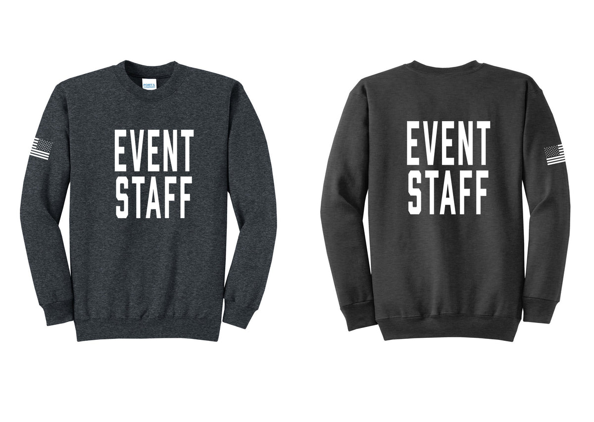 NYC Factory Event Staff Cotton Fleece Crewneck Sweatshirt (Classic) - Front + Back + US Flag Sleeve - Dark Heather Grey