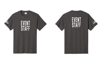 NYC Factory Event Staff T-Shirt, Condensed Lettering - Front + Back + US Flag Sleeve - Dark Heather Grey