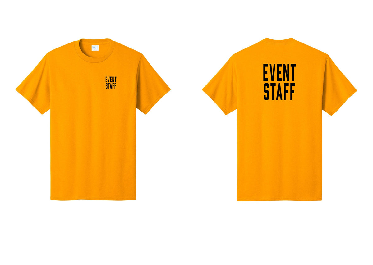 NYC Factory Event Staff T-Shirt, Condensed Lettering - Chest + Back - Gold
