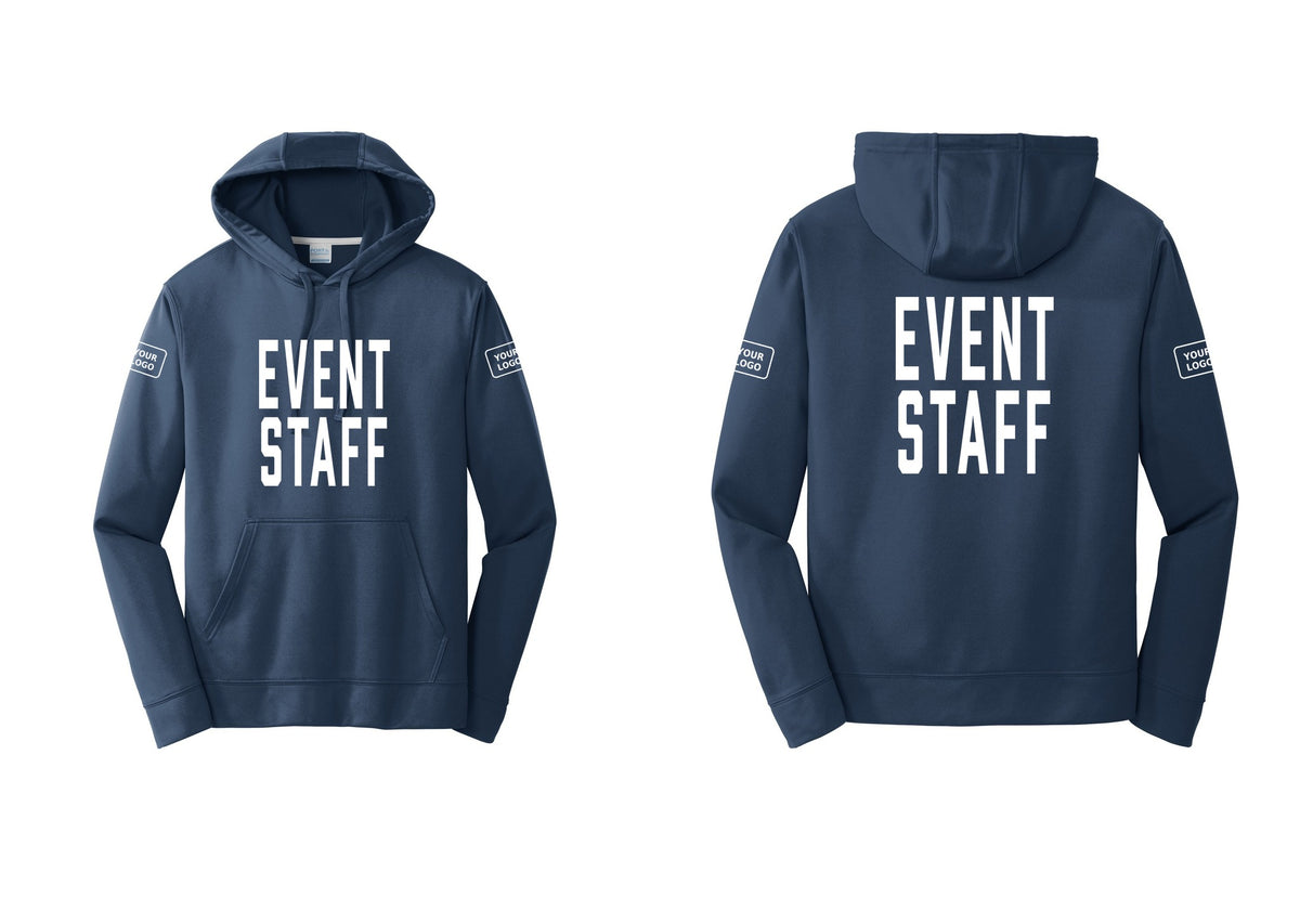 NYC Factory Custom Logo Event Staff Performance Hooded Fleece Pullover Sweatshirt (Classic) - Front + Back + Your Logo Sleeves - Navy