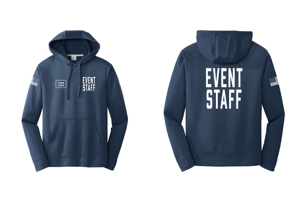 NYC Factory Custom Logo Event Staff Performance Hooded Fleece Pullover Sweatshirt (Classic) - EVENT STAFF + Your Logo + Back + US Flag Sleeve - Navy