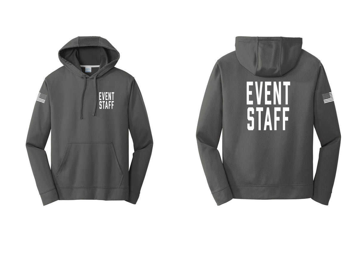 NYC Factory Event Staff Performance Hooded Fleece Pullover Sweatshirt (Classic) - Chest + Back + US Flag Sleeve - Charcoal