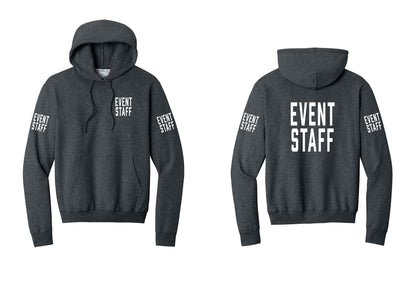 NYC Factory Event Staff Cotton Fleece Pullover Hoodie (Classic) - Chest + Back + Event Staff Sleeves - Dark Heather Grey