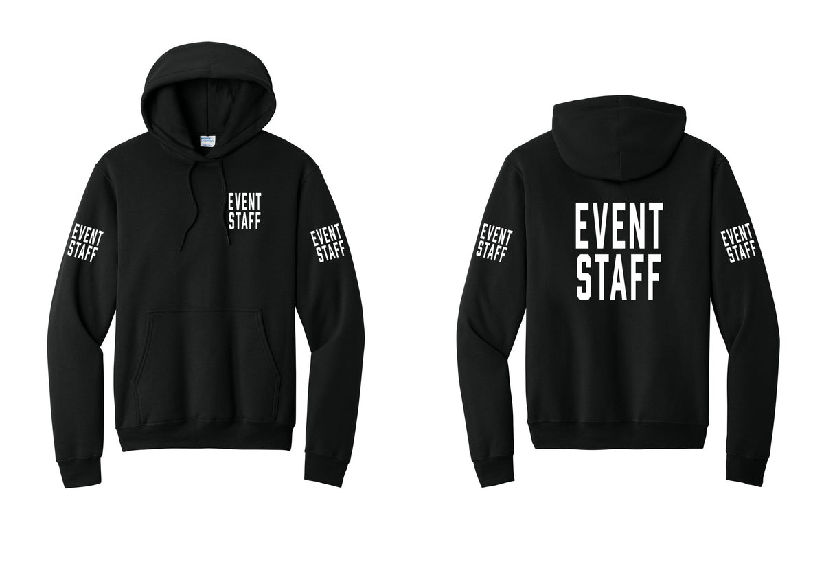 NYC Factory Event Staff Cotton Fleece Pullover Hoodie (Classic) - Chest + Back + Event Staff Sleeves - Black
