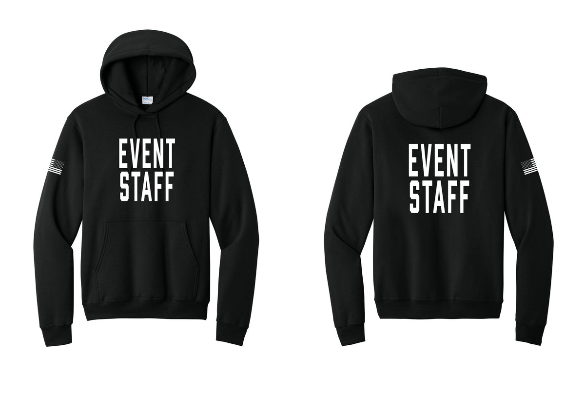 NYC Factory Event Staff Cotton Fleece Pullover Hoodie (Classic) - Front + Back + US Flag Sleeve - Black
